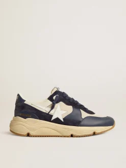 Discount Golden Goose Running Sole de tela creme e couro azul com estrela de couro branca Cabedal de tela creme e couro azul