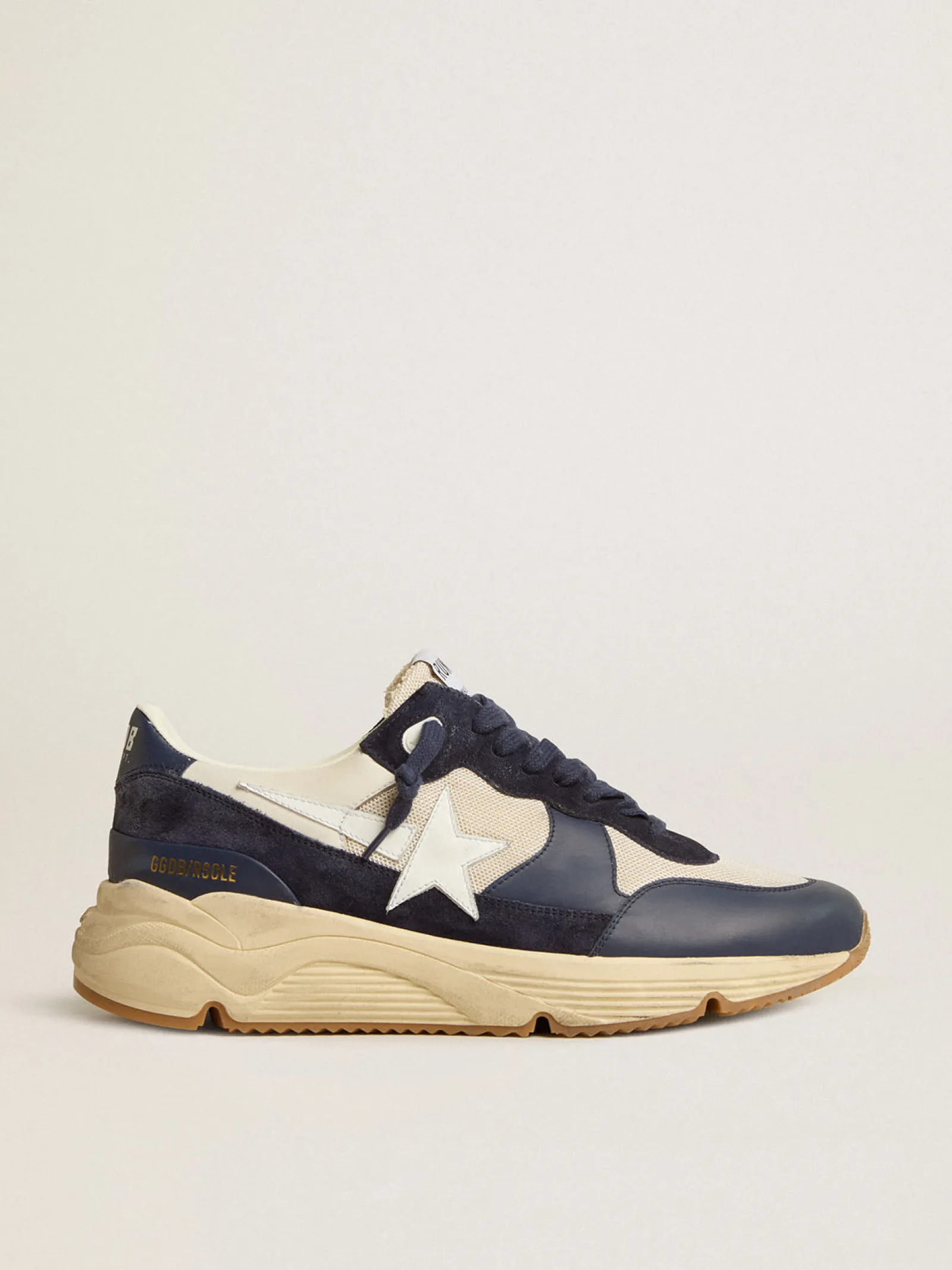 Discount Golden Goose Running Sole de tela creme e couro azul com estrela de couro branca Cabedal de tela creme e couro azul