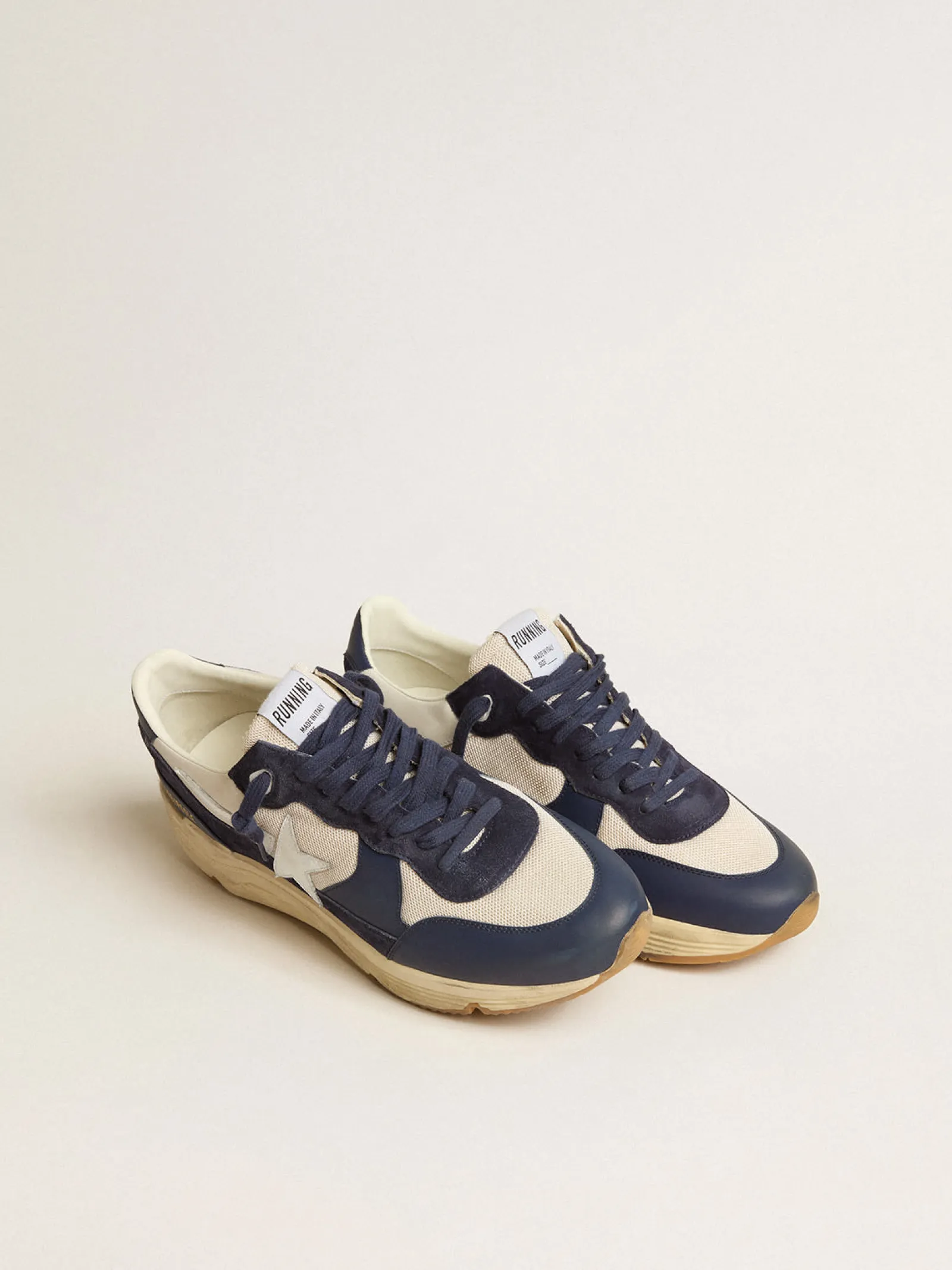Discount Golden Goose Running Sole de tela creme e couro azul com estrela de couro branca Cabedal de tela creme e couro azul
