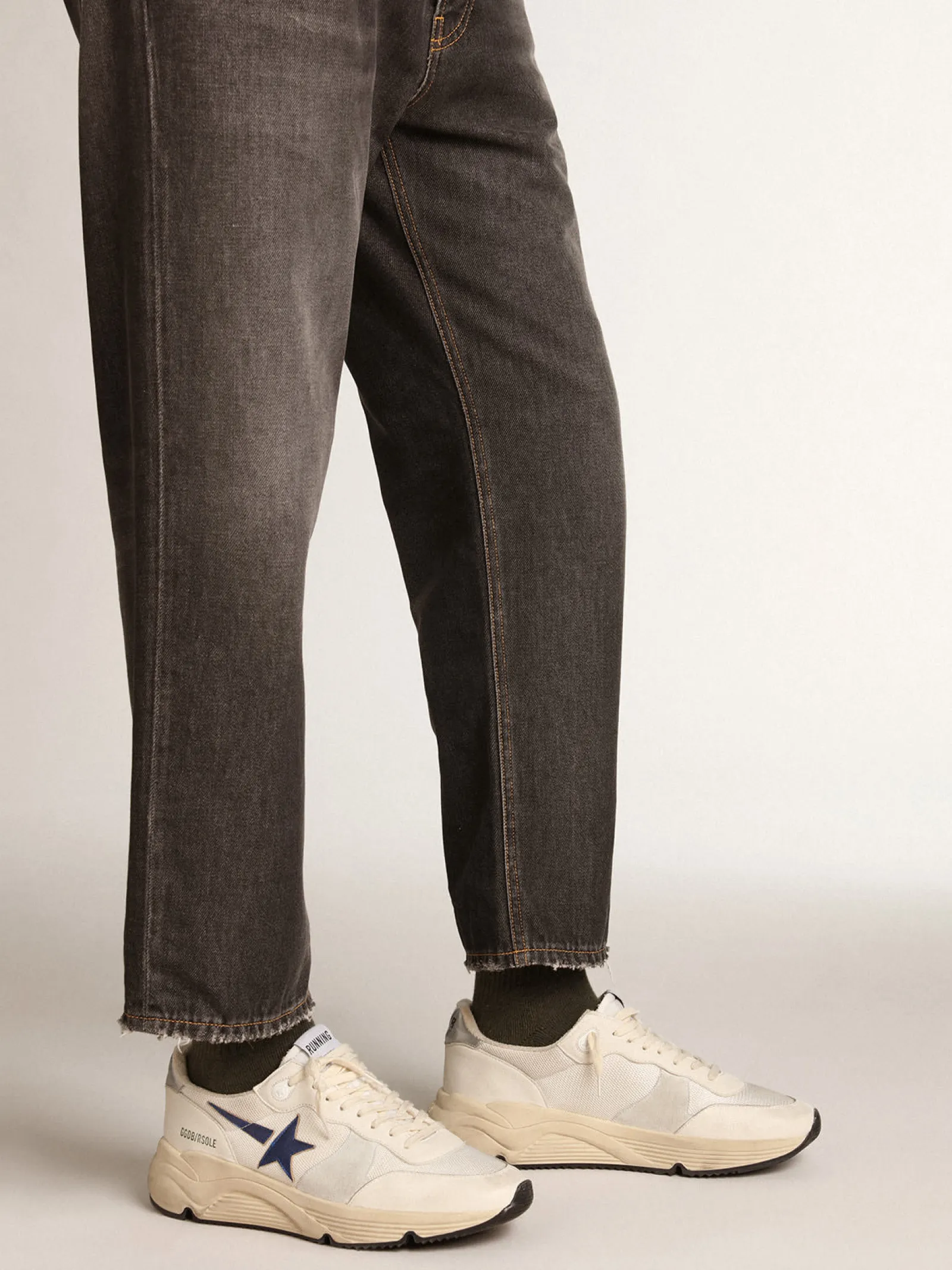 Cheap Golden Goose Running Sole de tela e napa brancas com estrela azul Cabedal de tela e napa brancas