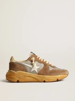Cheap Golden Goose Running Sole de tela prateada e suede cor tabaco com estrela branca Cabedal de tela prateada e suede cor tabaco