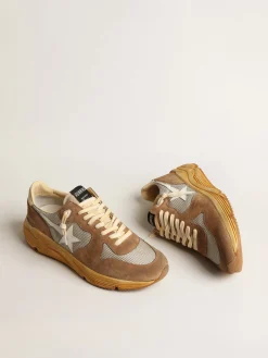 Cheap Golden Goose Running Sole de tela prateada e suede cor tabaco com estrela branca Cabedal de tela prateada e suede cor tabaco
