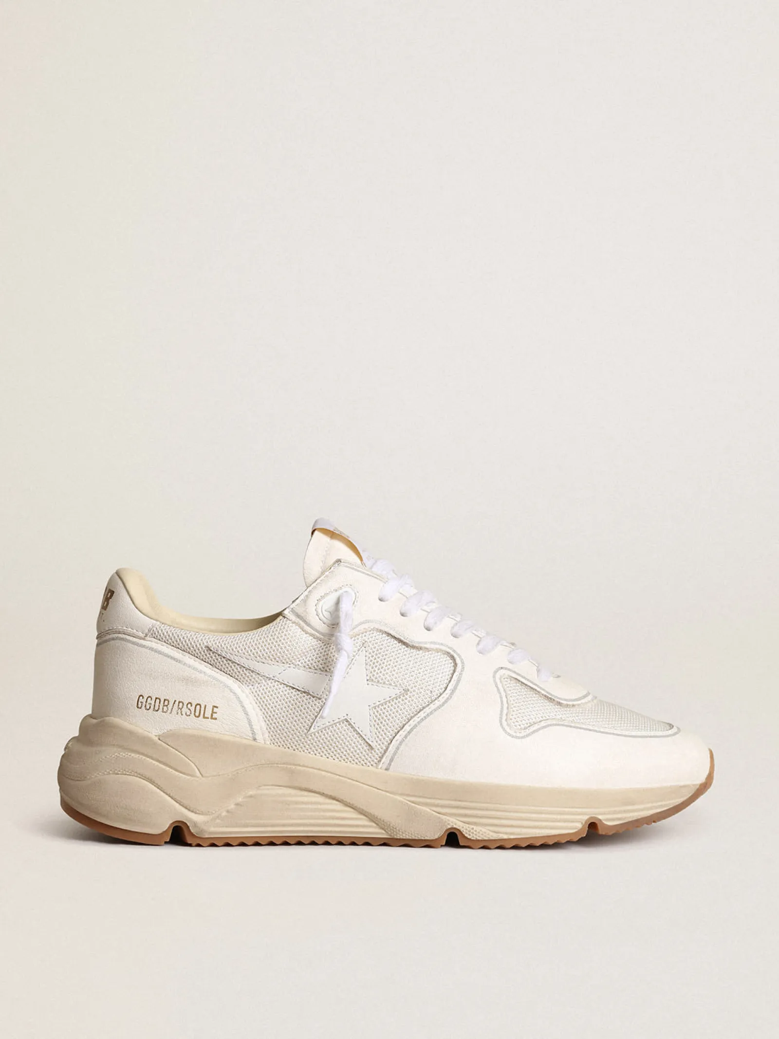 Sale Golden Goose Running Sole feminino em tela e napa branca Cabedal de tela branco óptico com inserções de napa tom sobre tom