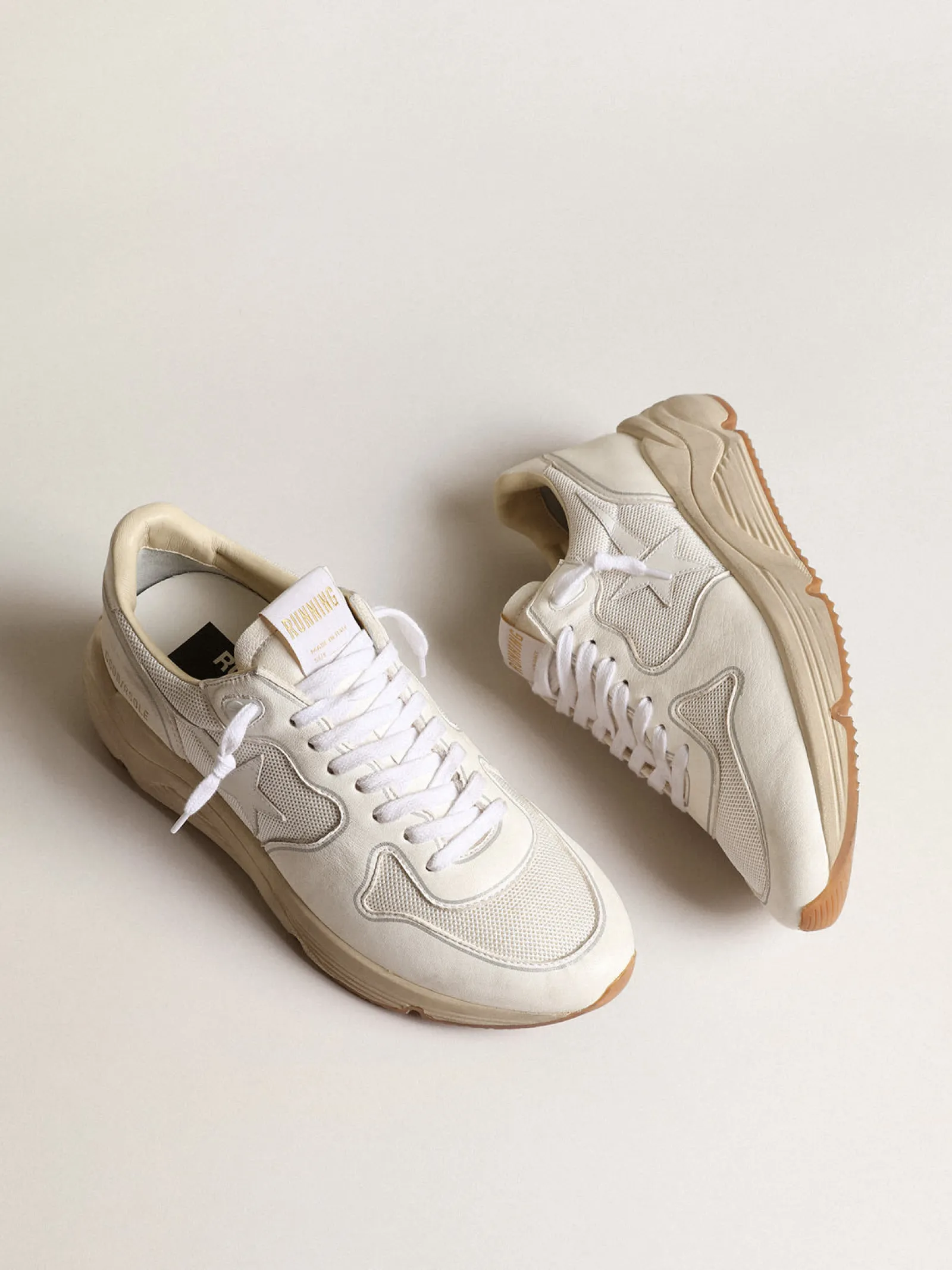 Sale Golden Goose Running Sole feminino em tela e napa branca Cabedal de tela branco óptico com inserções de napa tom sobre tom