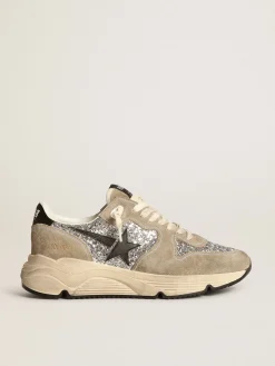 Discount Golden Goose Running Sole feminino em glitter prateado e suede havana-rosado Cabedal de glitter prateado com inserções de suede havana-rosado