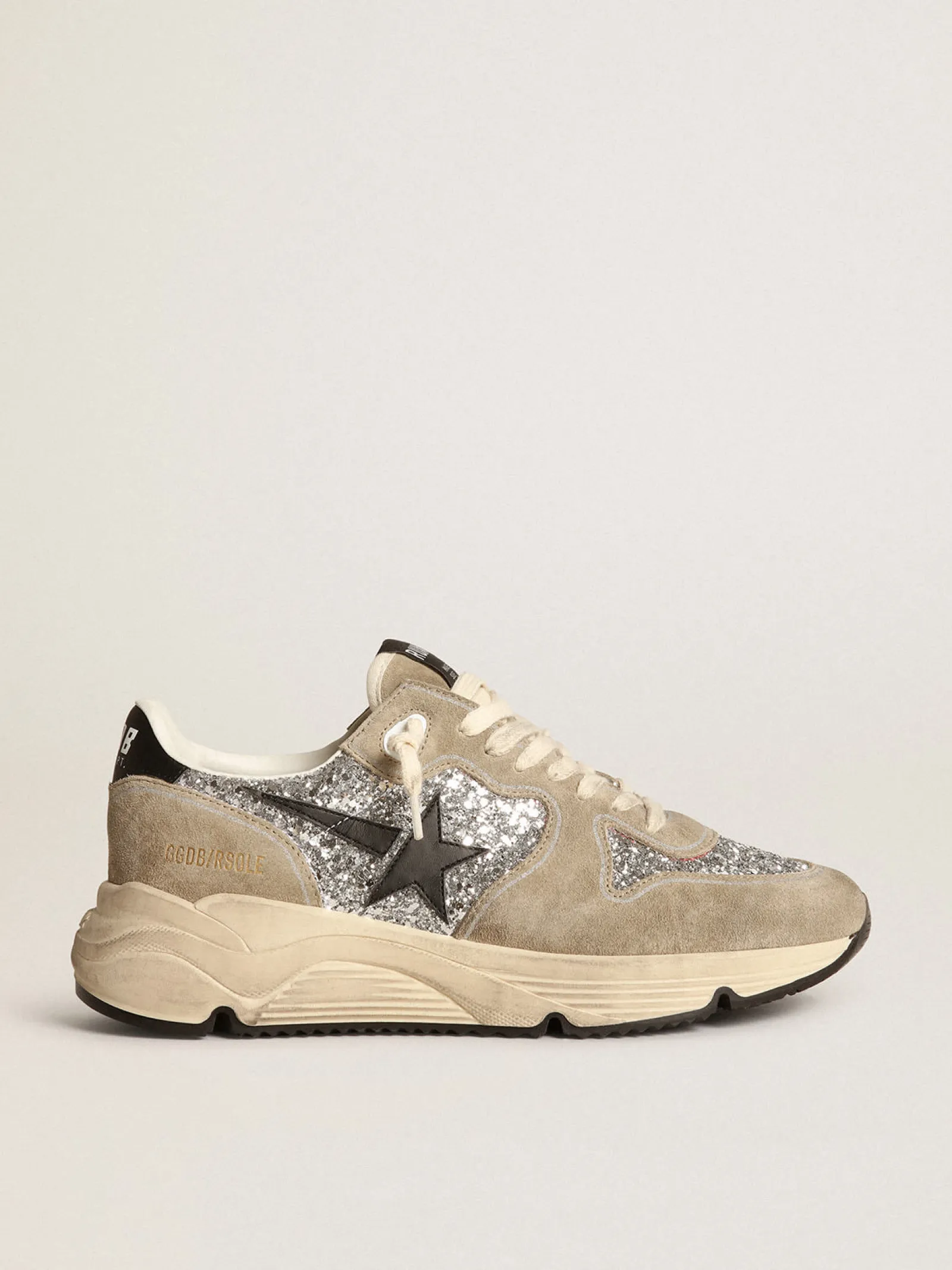 Discount Golden Goose Running Sole feminino em glitter prateado e suede havana-rosado Cabedal de glitter prateado com inserções de suede havana-rosado