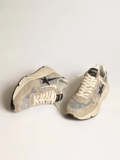Discount Golden Goose Running Sole feminino em glitter prateado e suede havana-rosado Cabedal de glitter prateado com inserções de suede havana-rosado