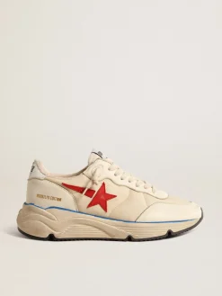 Cheap Golden Goose Running Sole Feminino LTD de náilon bege com estrela de couro vermelho Cabedal de náilon bege
