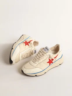 Cheap Golden Goose Running Sole Feminino LTD de náilon bege com estrela de couro vermelho Cabedal de náilon bege