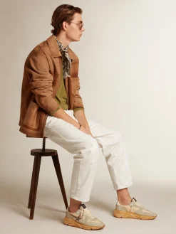 Sale Golden Goose Running Sole Masculino cor gelo com estrela de suede com tachas Cabedal de náilon cor creme