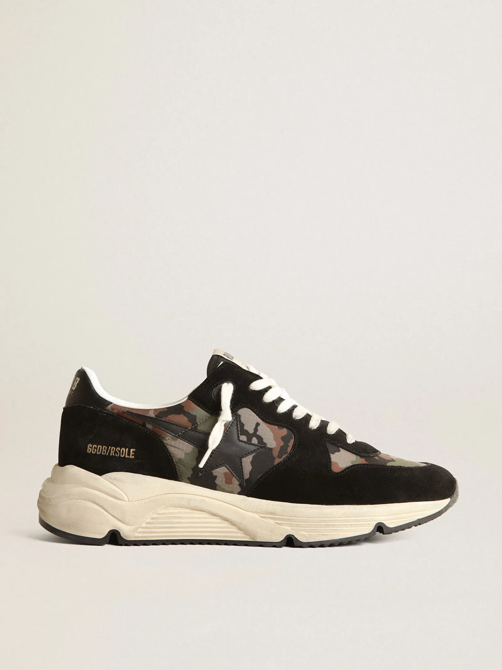 Best Sale Golden Goose Running Sole masculino de náilon ripstop com estampa camuflada Cabedal de náilon ripstop com estampa camuflada verde e bege