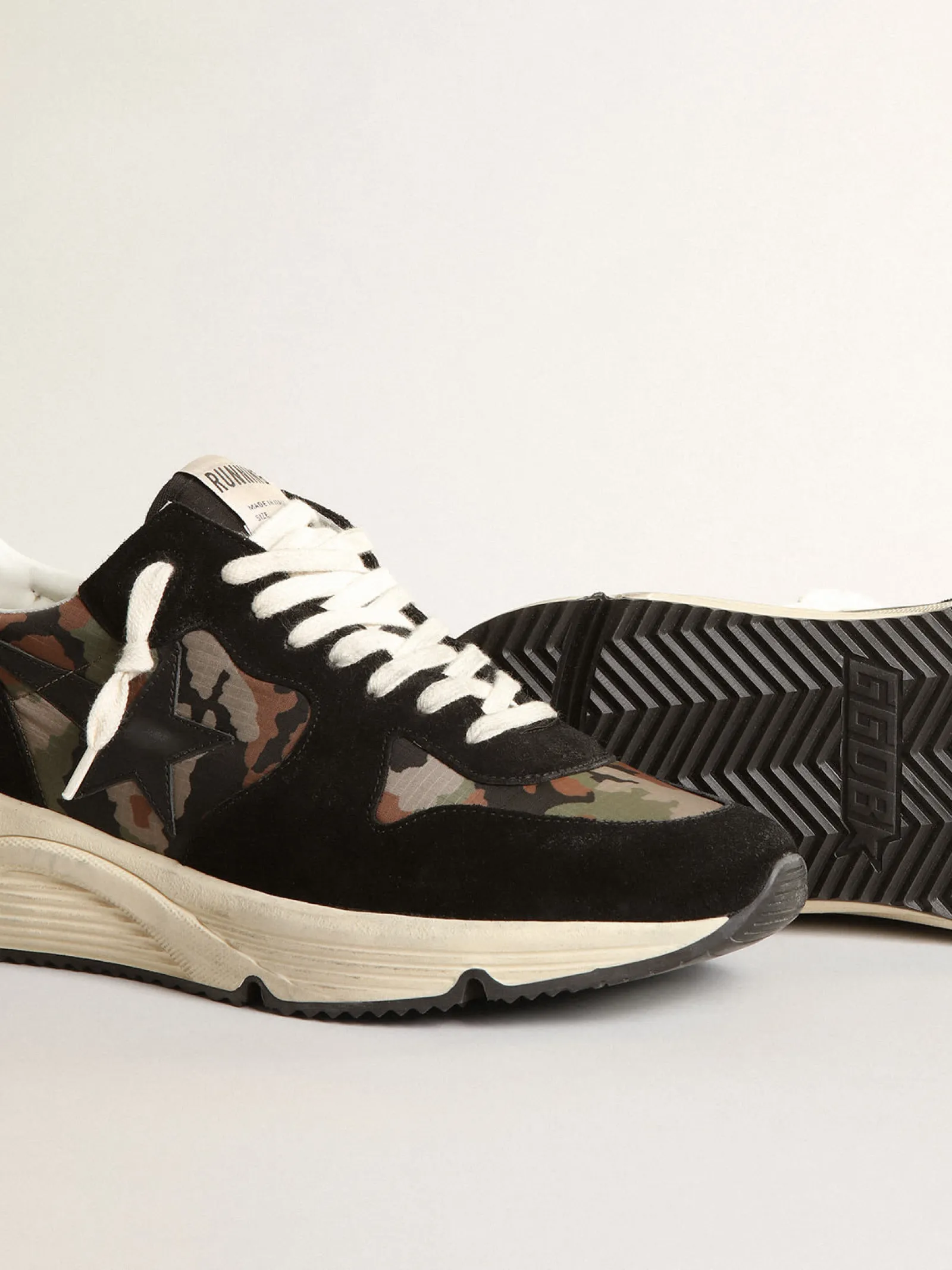 Best Sale Golden Goose Running Sole masculino de náilon ripstop com estampa camuflada Cabedal de náilon ripstop com estampa camuflada verde e bege