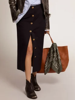 Store Golden Goose Saia lápis feminina de lã azul-escura com botões heráldicos dourados Cor: azul-escuro