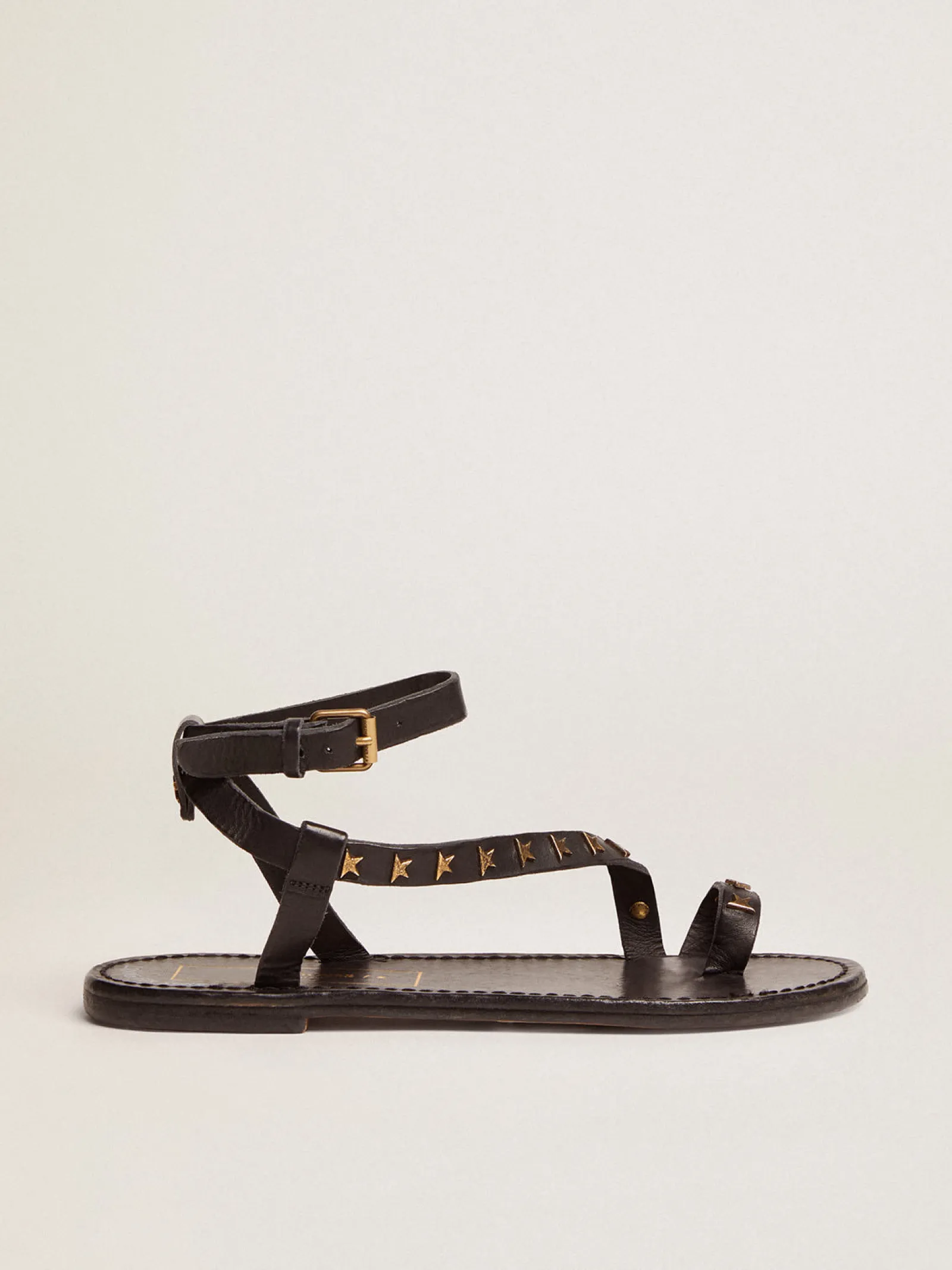 New Golden Goose Sandália rasteira Feminina de couro preto com estrelas douradas Cabedal em couro preto