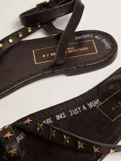 New Golden Goose Sandália rasteira Feminina de couro preto com estrelas douradas Cabedal em couro preto