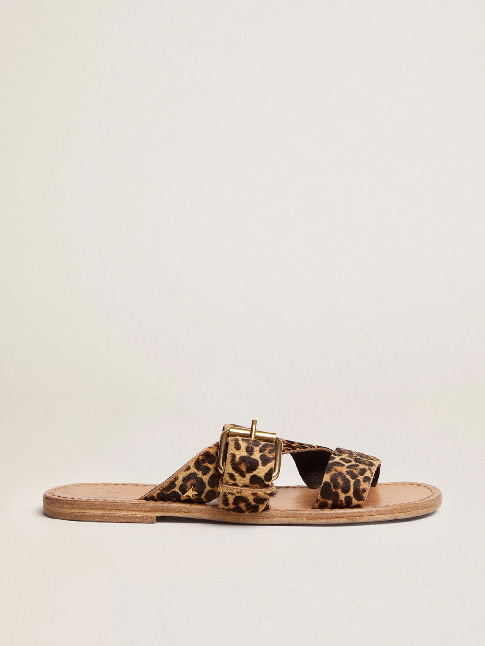 Clearance Golden Goose Sandália rasteira Feminina de couro cavalinho com estampa de leopardo Cabedal em cavalino com estampa de leopardo bege e marrom