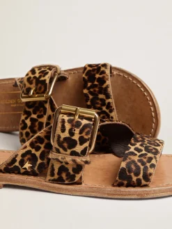 Clearance Golden Goose Sandália rasteira Feminina de couro cavalinho com estampa de leopardo Cabedal em cavalino com estampa de leopardo bege e marrom