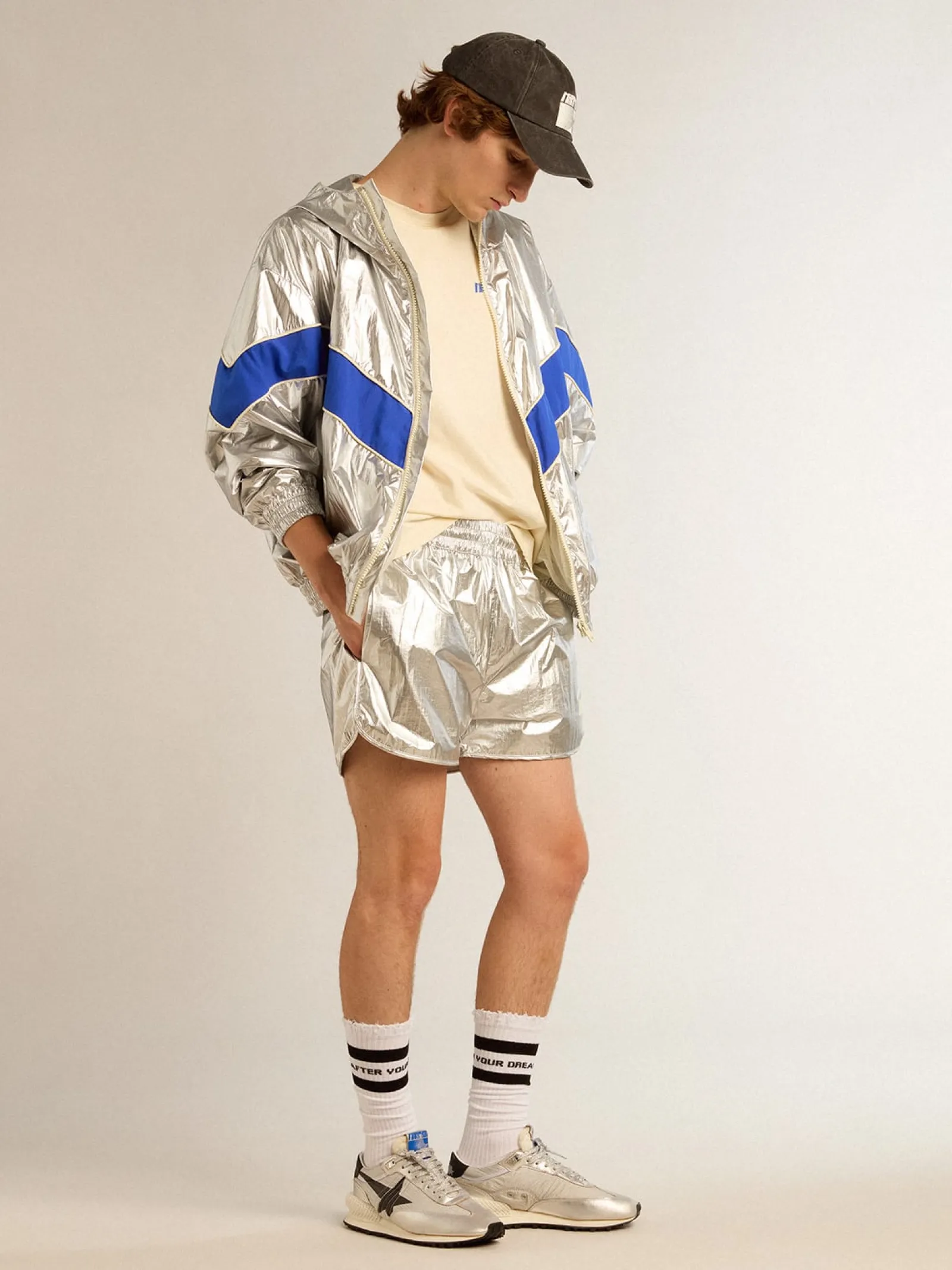 Clearance Golden Goose Short de corrida masculino de tecido prateado Cor: prateado