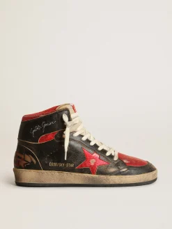 Fashion Golden Goose Sky-Star feminino de couro brilhante preto com estrela vermelha Cabedal de couro brilhante preto com efeito desgastado