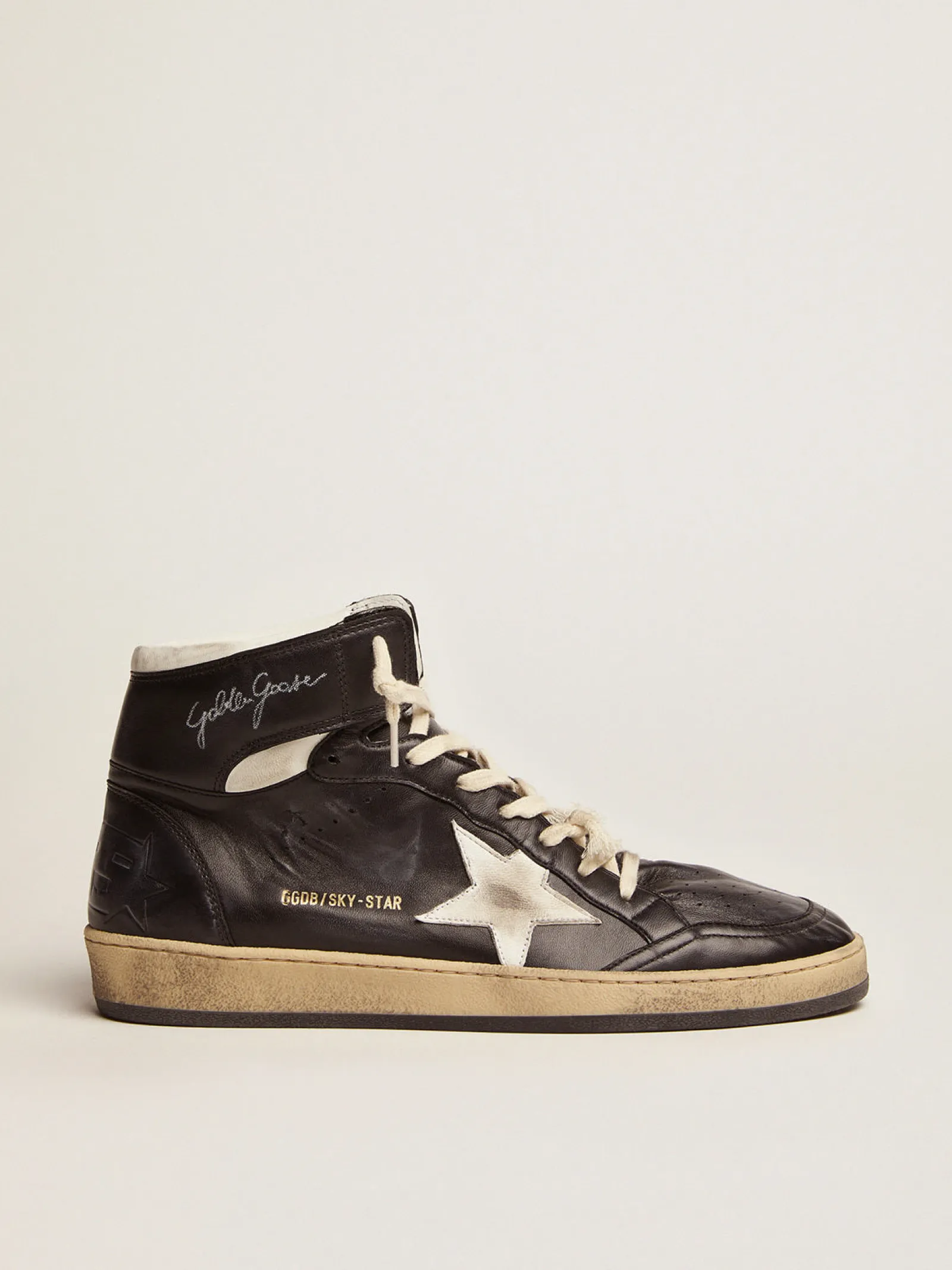New Golden Goose Sky-Star masculino de napa preta com estrela branca Cabedal de napa preta
