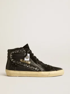 Outlet Golden Goose Slide de couro com estrela preta e lista de cristais Cabedal de couro preto