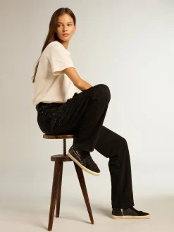 Outlet Golden Goose Slide de couro com estrela preta e lista de cristais Cabedal de couro preto