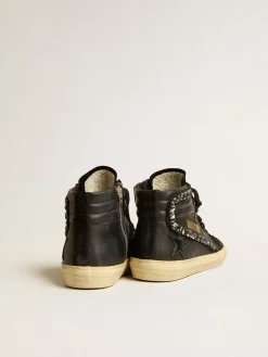 Outlet Golden Goose Slide de couro com estrela preta e lista de cristais Cabedal de couro preto