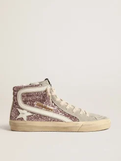 Discount Golden Goose Slide de glitter lilás com estrela e lista de couro branco Cabedal de glitter lilás