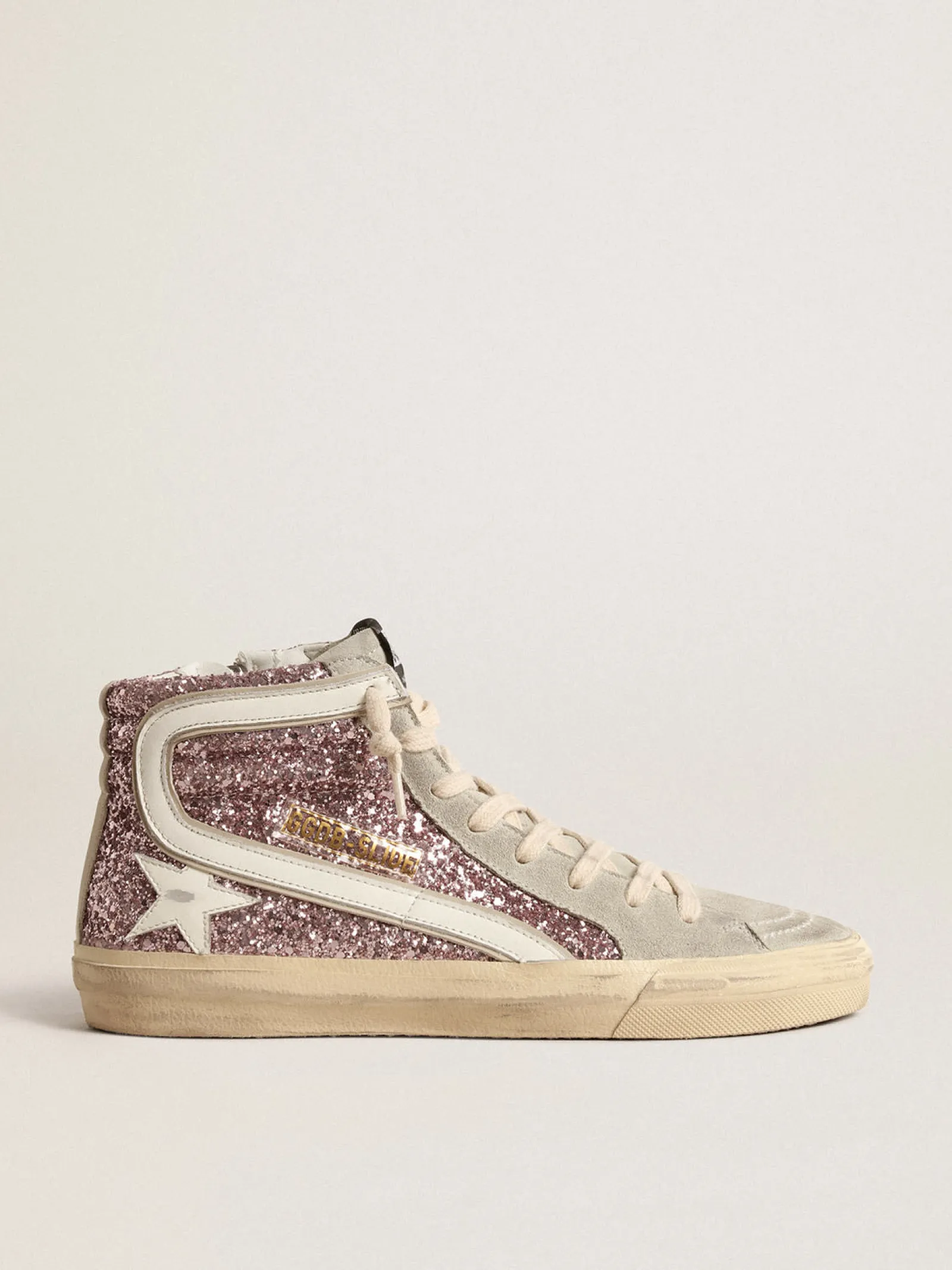 Discount Golden Goose Slide de glitter lilás com estrela e lista de couro branco Cabedal de glitter lilás