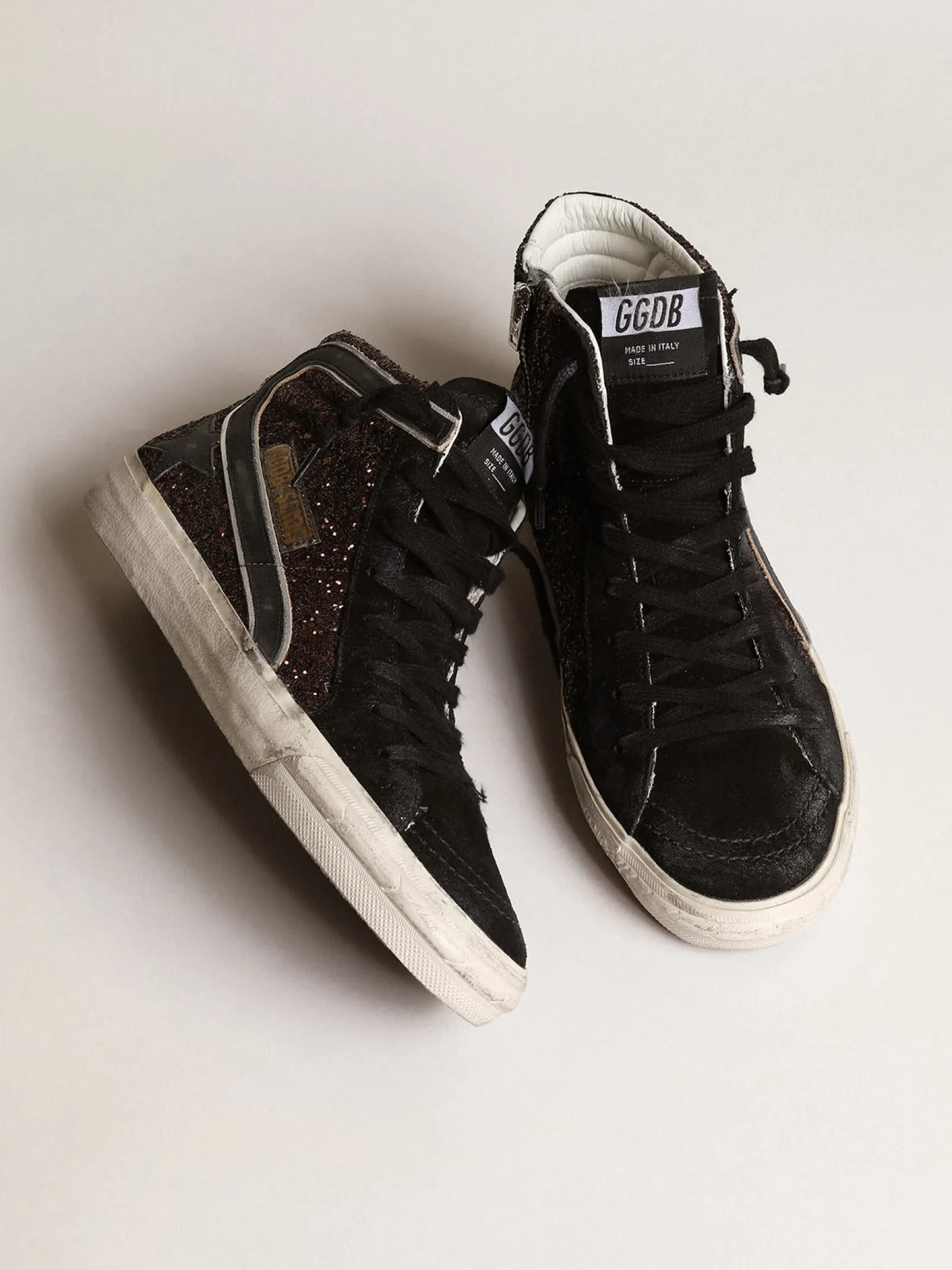 Clearance Golden Goose Slide de glitter marrom com estrela e lista de couro preto Cabedal de glitter marrom e suede preto