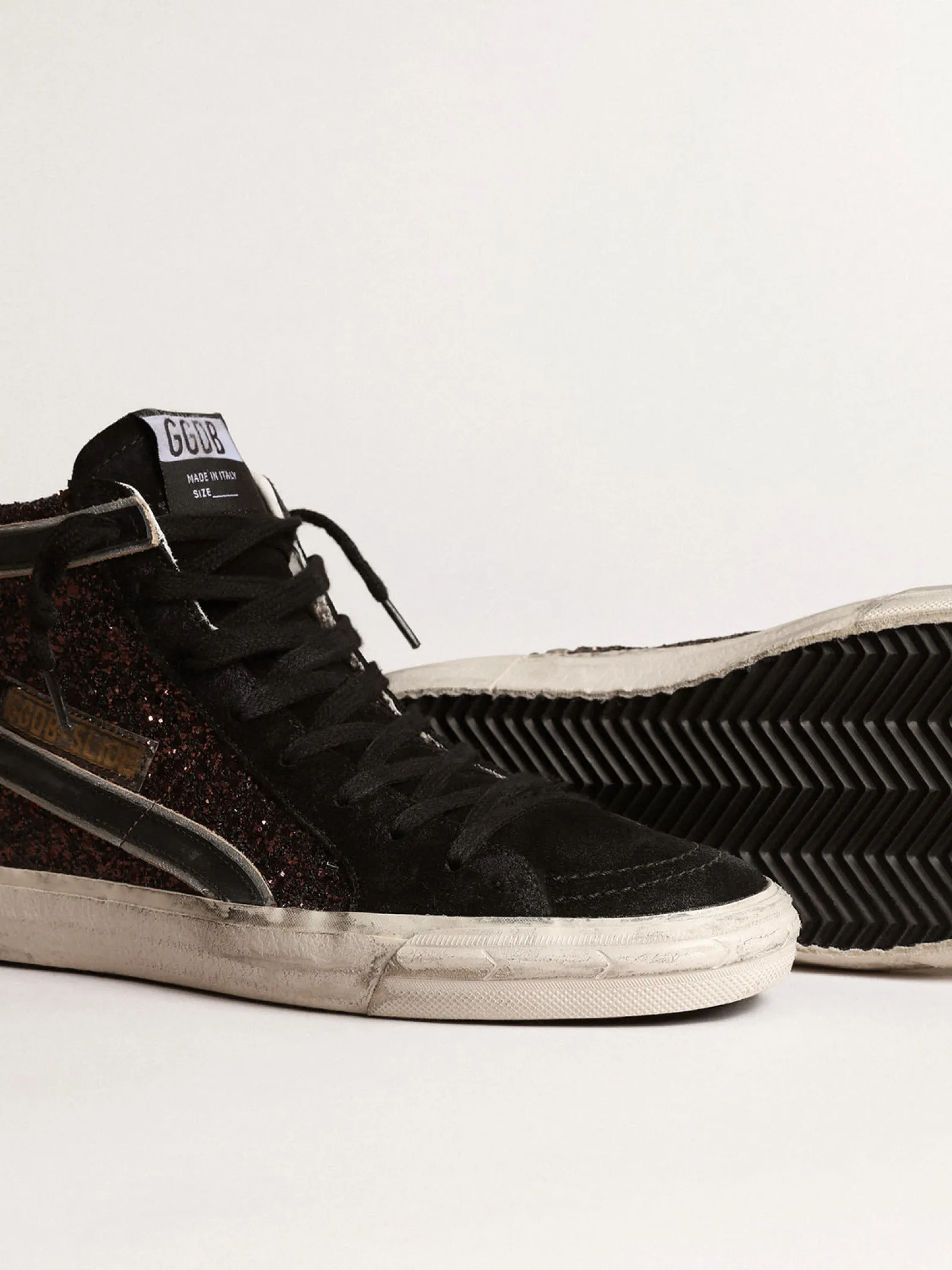 Clearance Golden Goose Slide de glitter marrom com estrela e lista de couro preto Cabedal de glitter marrom e suede preto