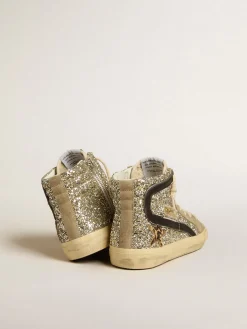 Sale Golden Goose Slide de glitter platinado com estrela de cavalinho leopardo e lista preta Cabedal de glitter platinado