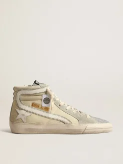 Cheap Golden Goose Slide de náilon marfim com estrela e lista de couro branco Cabedal de náilon desbotado cor marfim