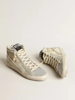 Cheap Golden Goose Slide de náilon marfim com estrela e lista de couro branco Cabedal de náilon desbotado cor marfim
