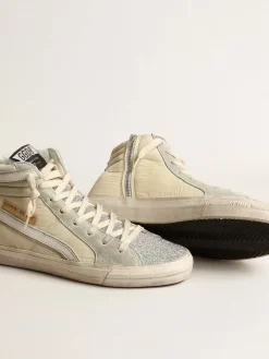 Cheap Golden Goose Slide de náilon marfim com estrela e lista de couro branco Cabedal de náilon desbotado cor marfim