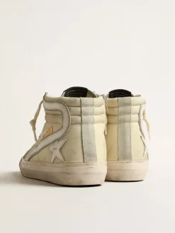 Cheap Golden Goose Slide de náilon marfim com estrela e lista de couro branco Cabedal de náilon desbotado cor marfim