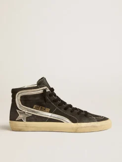 Flash Sale Golden Goose Slide de suede preto com estrela e lista de couro metálico prateado Cabedal de suede preto