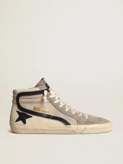 Flash Sale Golden Goose Slide de tela e náilon bege com estrela e lista de couro azul Cabedal de tela e náilon cor bege