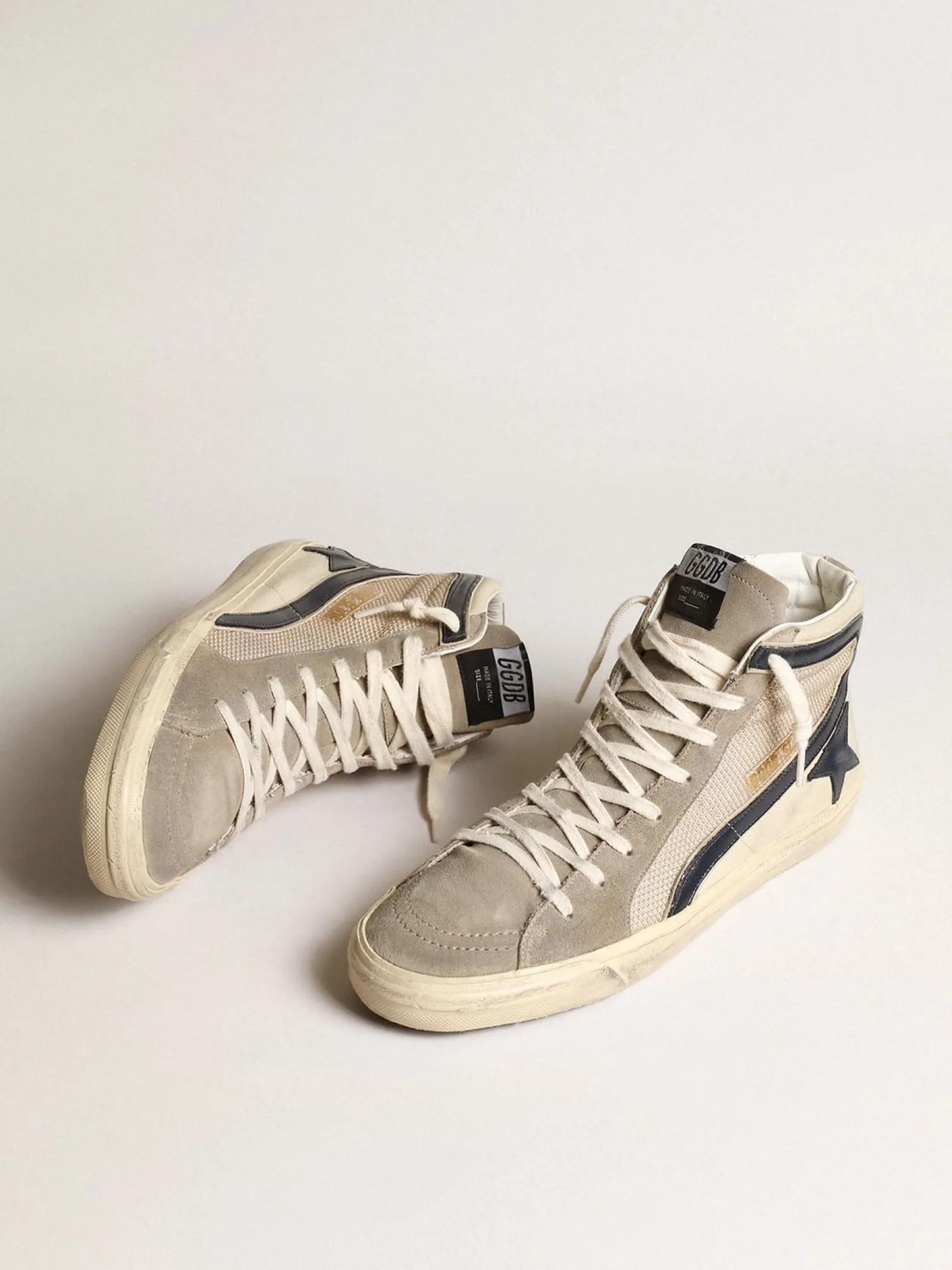 Flash Sale Golden Goose Slide de tela e náilon bege com estrela e lista de couro azul Cabedal de tela e náilon cor bege