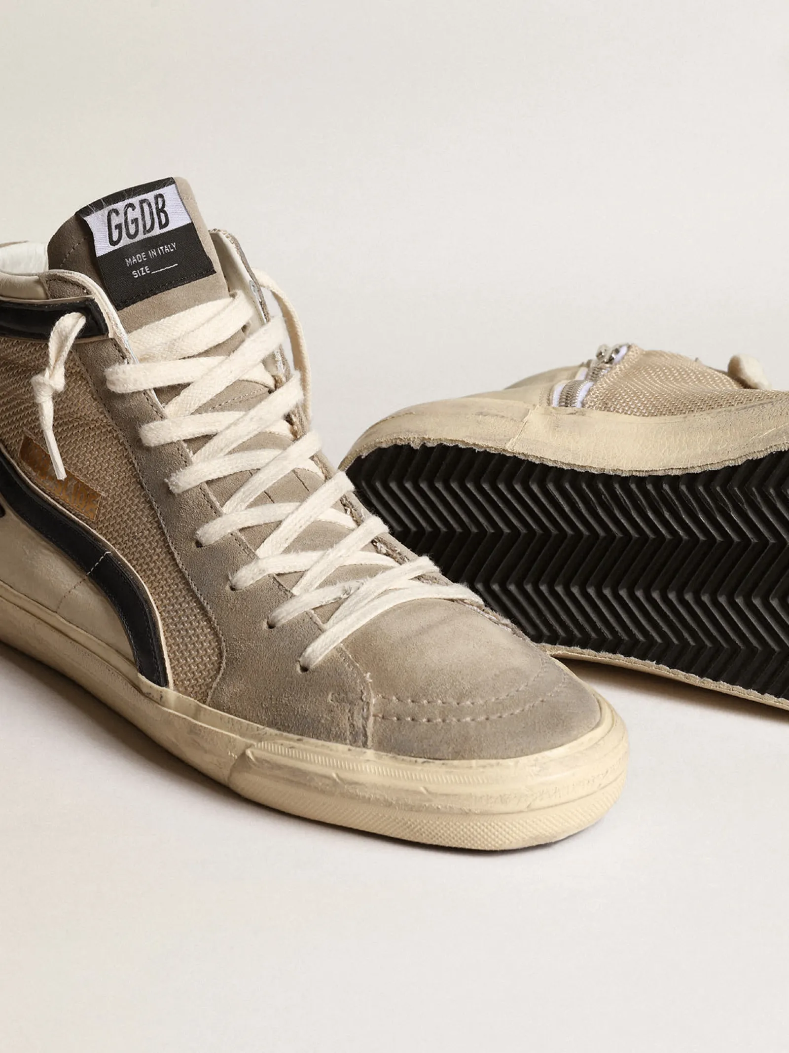Flash Sale Golden Goose Slide de tela e náilon bege com estrela e lista de couro azul Cabedal de tela e náilon cor bege