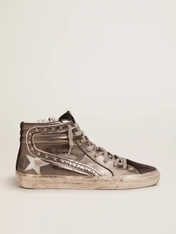Store Golden Goose Slide feminino com cabedal de couro metálico prateado e tachas Cor: prata