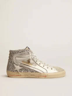 Discount Golden Goose Slide feminino com cabedal de couro metálico e glitter prateado Cor: prata
