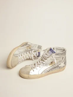 Discount Golden Goose Slide feminino com cabedal de couro metálico e glitter prateado Cor: prata