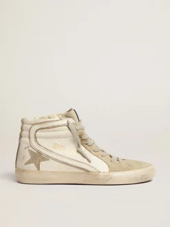 New Golden Goose Slide feminino com estrela de suede cinza gelo e lista branca Cor: branco