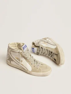 New Golden Goose Slide feminino com estrela de suede cinza gelo e lista branca Cor: branco