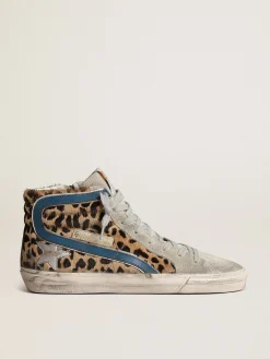 Sale Golden Goose Slide feminino de cavalinho leopardo com estrela de couro prateado Cabedal de couro cavalinho com estampa de leopardo