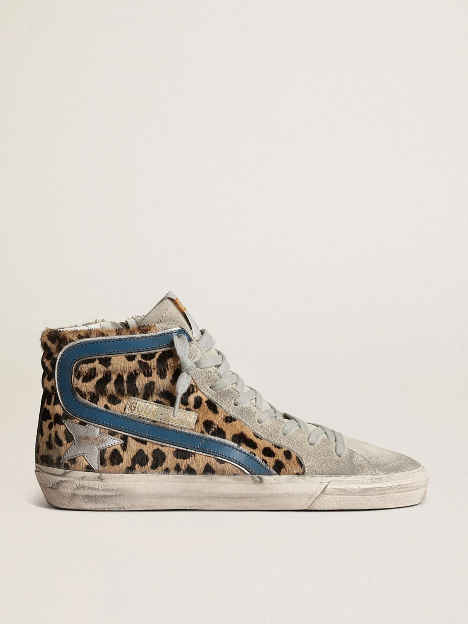 Sale Golden Goose Slide feminino de cavalinho leopardo com estrela de couro prateado Cabedal de couro cavalinho com estampa de leopardo