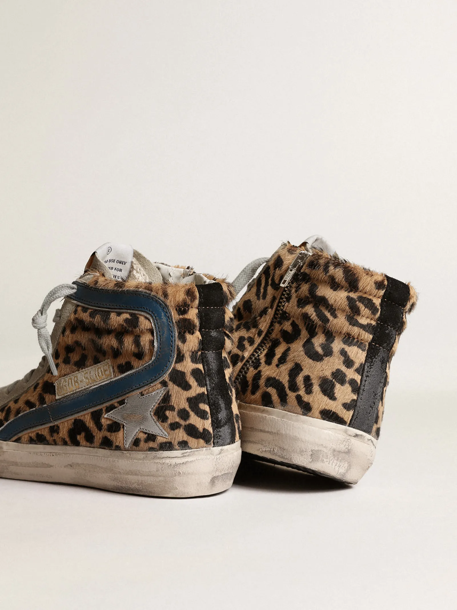 Sale Golden Goose Slide feminino de cavalinho leopardo com estrela de couro prateado Cabedal de couro cavalinho com estampa de leopardo