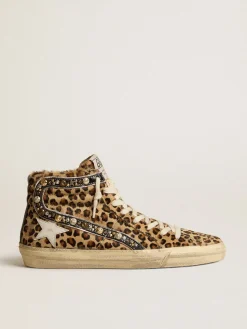 Best Golden Goose Slide Feminino LAB de couro cavalinho animal print com lista de couro e tachas Cabedal de couro cavalinho com estampa de leopardo bege e marrom e estampa de zebra branco e caramelo