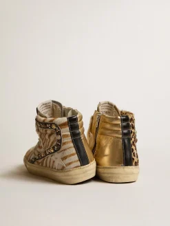 Best Golden Goose Slide Feminino LAB de couro cavalinho animal print com lista de couro e tachas Cabedal de couro cavalinho com estampa de leopardo bege e marrom e estampa de zebra branco e caramelo